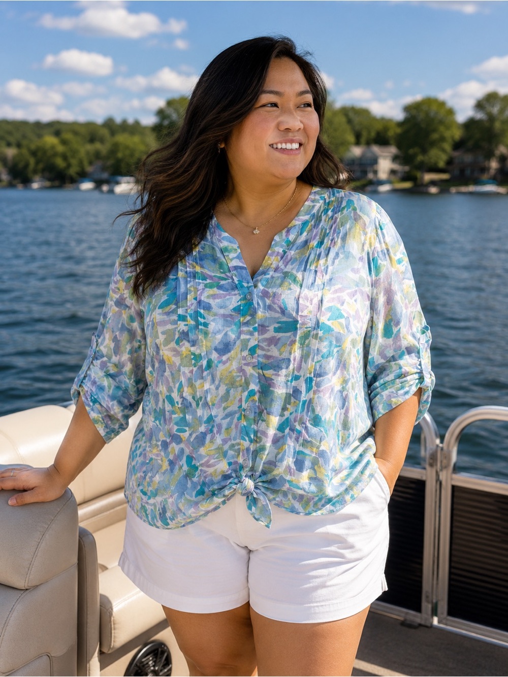 Zac & Rachel Pastel Leaf-Print Tie-Front Blouse